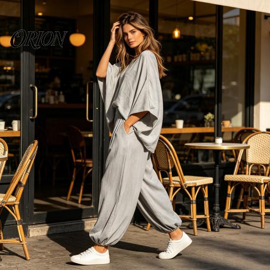 Loose Fit Women Set Women's 2 Piece Sets, Crew Neck Batwing Sleeve Top Two-piece And Lantern Pants Summer Travel Vacation Outfits with Pockets Suit