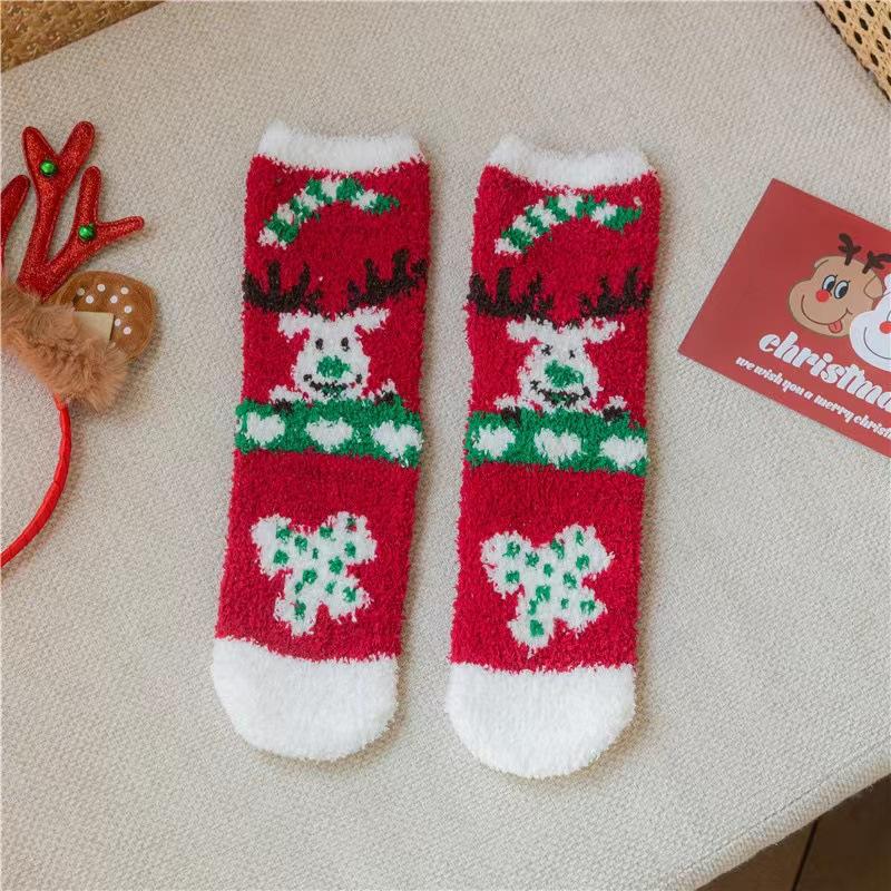 New Christmas socks Children's coral fleece thickened warm home mid-tube floor socks Autumn and winter plush sleep socks