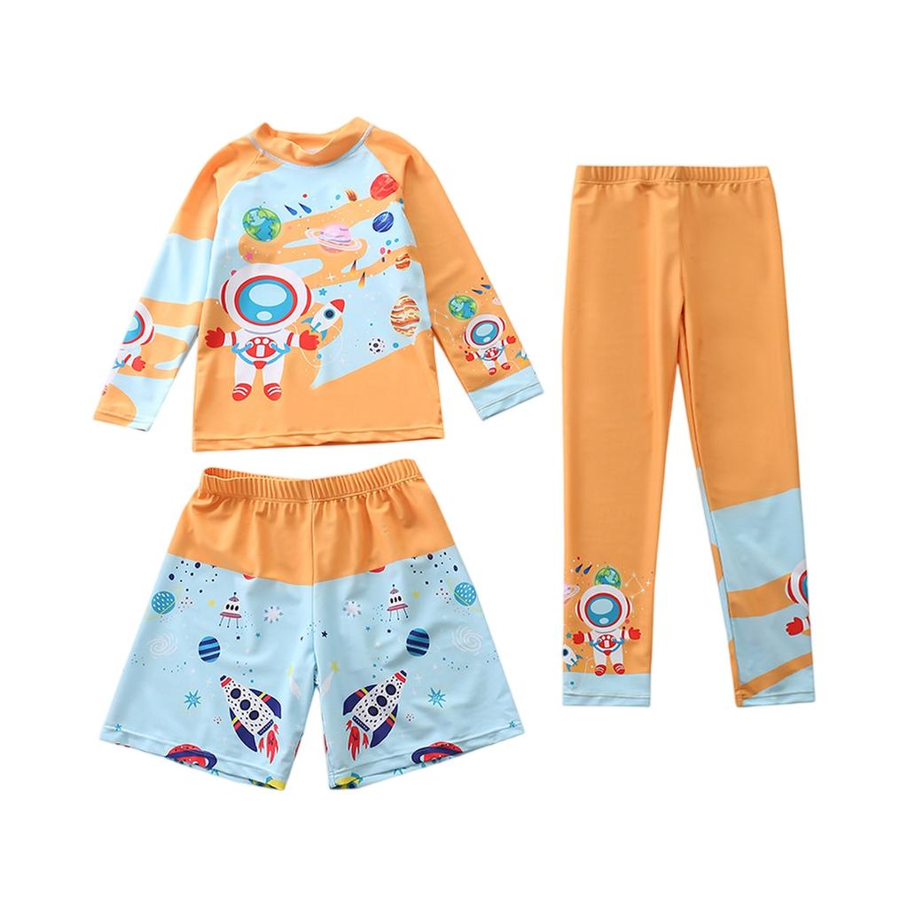 Dreiteiliges Jungen-Badebekleidungsset Langarm-Rashguard Badeshirt Badeshorts und Badehosen Cartoon-Print Leicht Schnelltrocknend