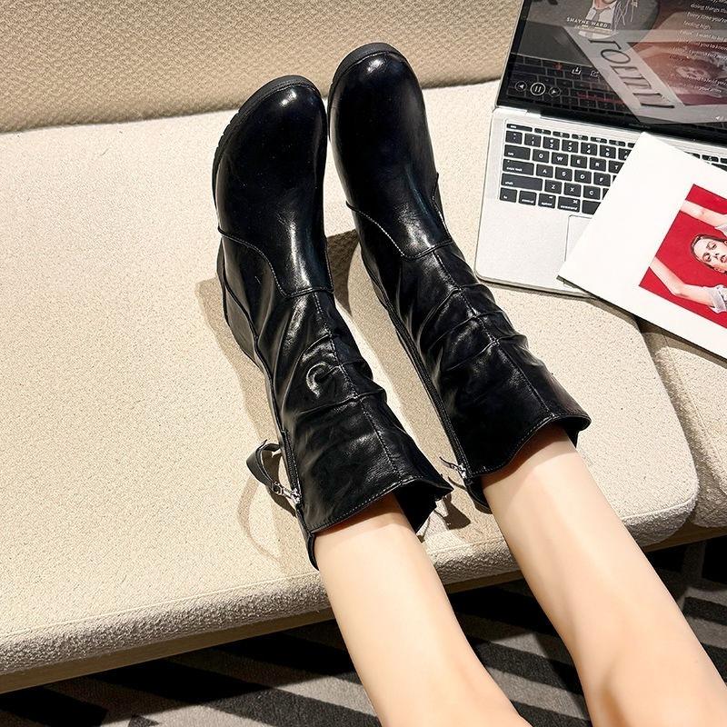 Fashion Elegant Heeled Leather Women's Half High Boots Round Toe Warm Ladies Mid Calf Shoes Autumn Winter Chic Trend 2025 New Footwear