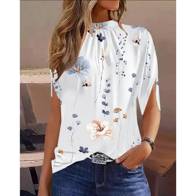 

JKASHDK Women s Fashion Casual Summer Spring Colour Block Print Short Sleeve Half Turtleneck Blouses & Shirts XXL