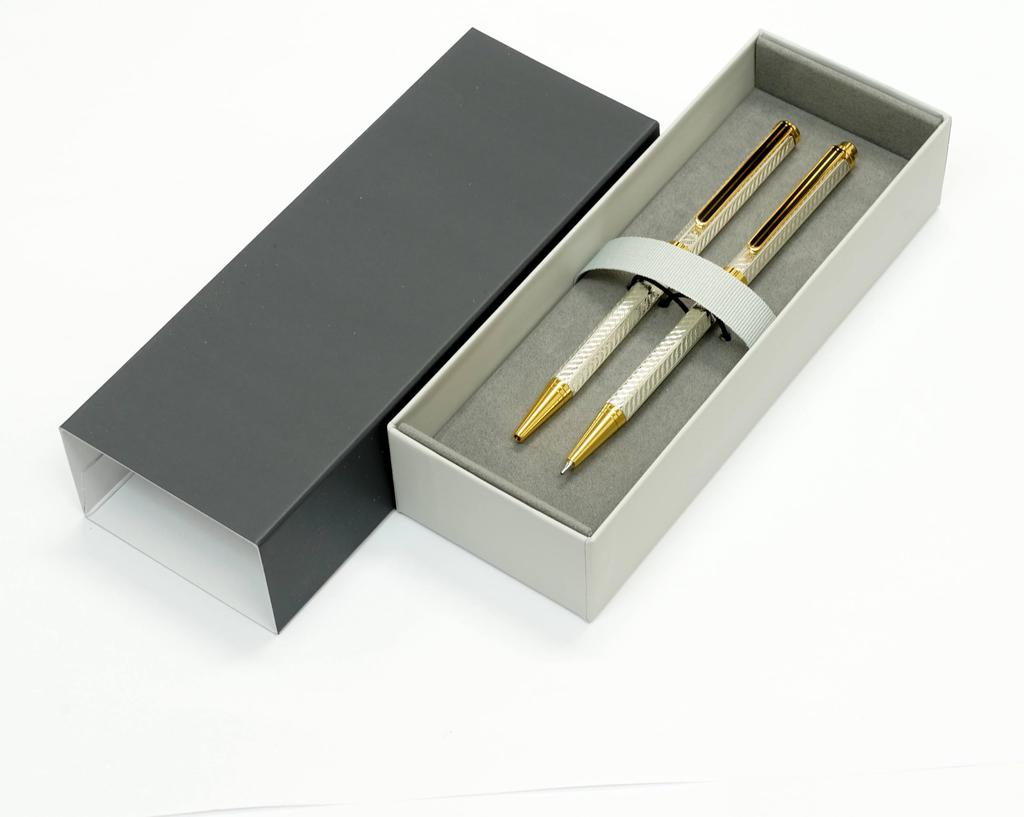 Brass Hexagonal Rotating Engraved Ballpoint Pen and Mechanical Pencil Premium Two-Pack Set, Silver, Boxed, K7-6KS-2-S