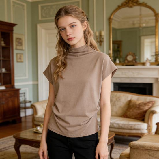 T-shirt da Donna Collo Alto Maniche a Pipistrello Corte con Arricciatura Laterale Pullover Colore Puro Ampio