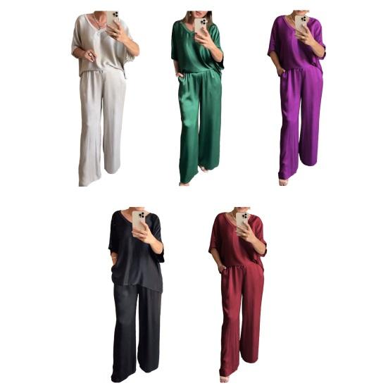 Satin Piece And Outfits for Women Two Wide Leg Pants Set