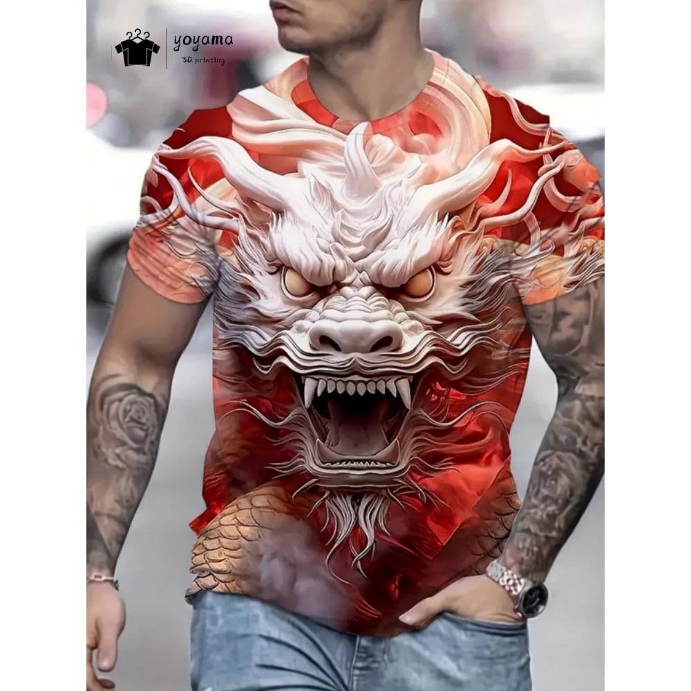 Summer 3D dragon pattern men's T-shirt, street fashion men's top, trendy oversized men's clothing, casual men's short sleeved T-shirt