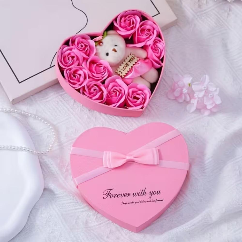 Rose Flower Gift Box with Bear Heart Shape Gift Box for Valentines Day Mothers Day Wedding Home Party Decor Artificial Flowers