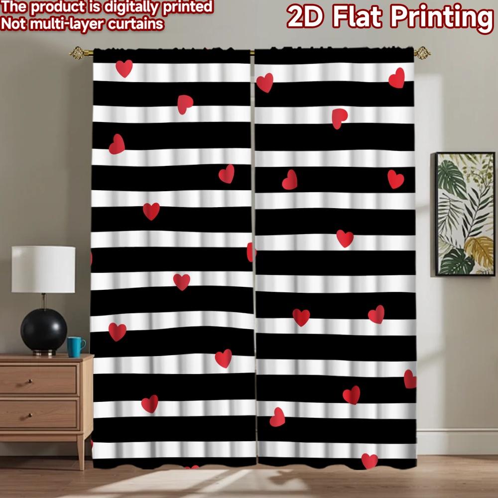 2D flat printing 2pcs Curtain Scene Curtain Valentine's Day Hearts Stripes Digital Printed Polyester Drapes Holiday Decorations