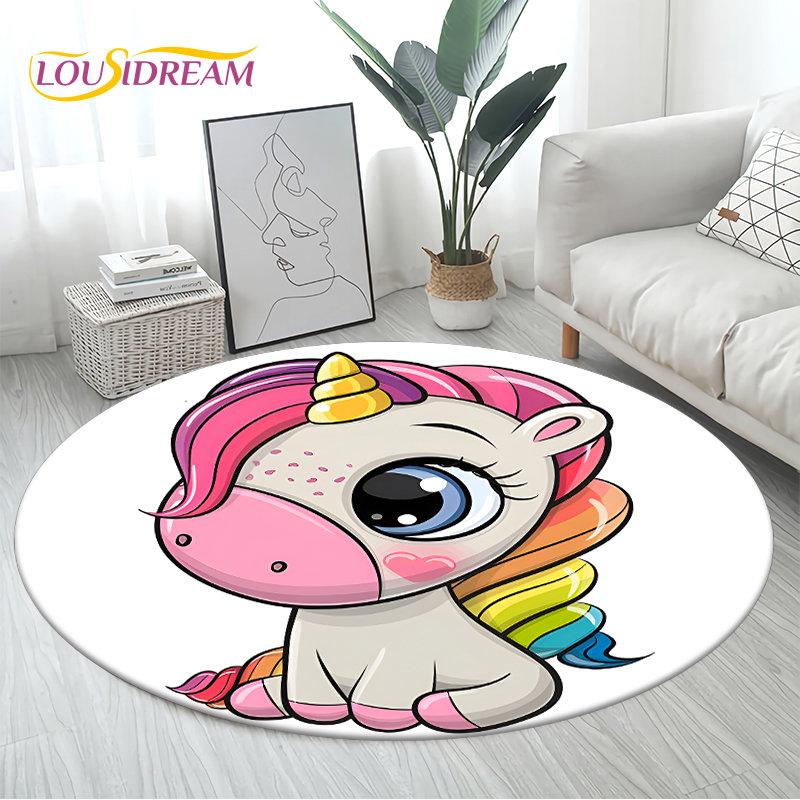3D Cartoon Cute Unicorn Area Rug Large,Round Carpet Rug for Living Room Bedroom Sofa Decoration,Children Play Non-slip Floor Mat