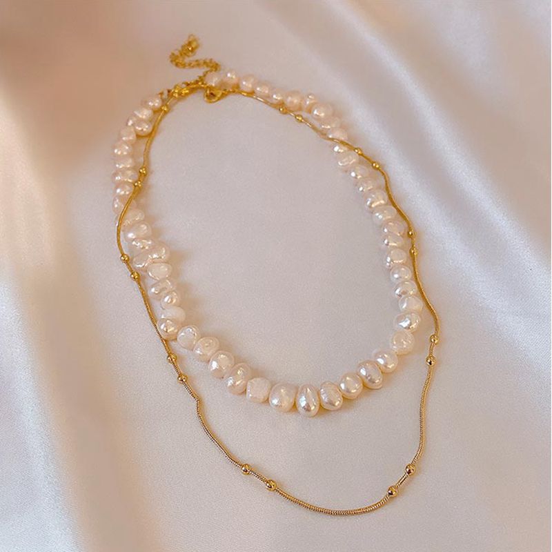 

Baroque Freshwater Pearl Necklace Double Stacked Collarbone Chain Sweet Girl Style Special-Shaped Pearl Snake Chain Jewelry