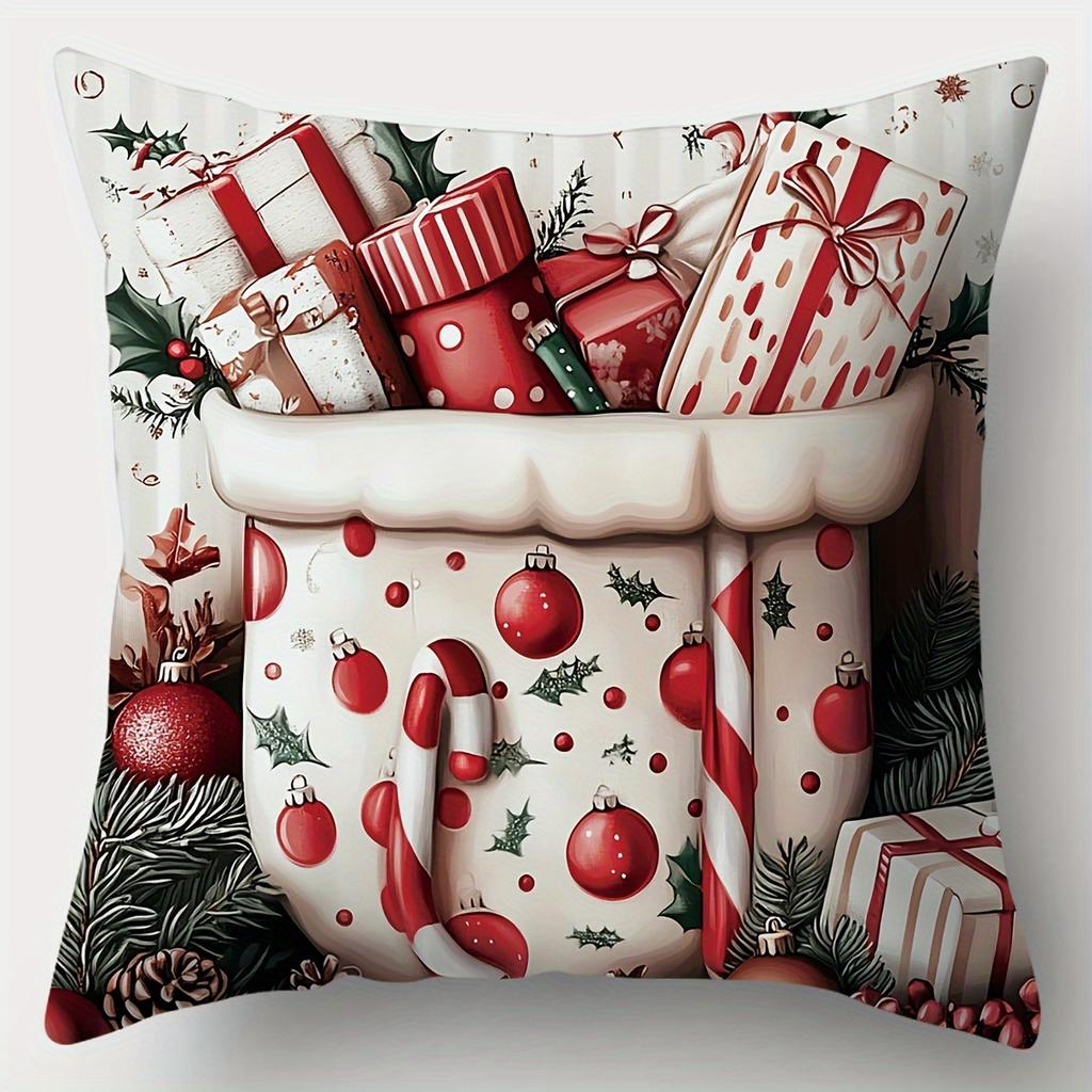 1pc Christmas Cushion Cover Candy House Snowman Pattern Cozy Soft Washable Cover Zippered Cushion Cases Gift for Home Decoration