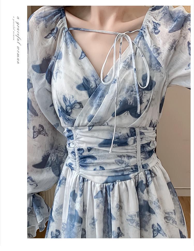 French Tea Break Blue Dress: Waist-Slimming Korean Style with Ruffle Sleeves, Perfect for Vacations