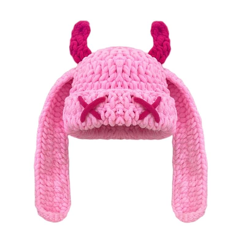 Handmade Crochet Cap with Devil Horn Long Ears Stretchy Pullover Hat Winter Warmth Hat Halloween Cosplay Head Accessory