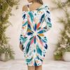 Women Plus Size Cold Shoulder Chain Strap Long Sleeve Printed Asymmetric Hem Bodycon Dress