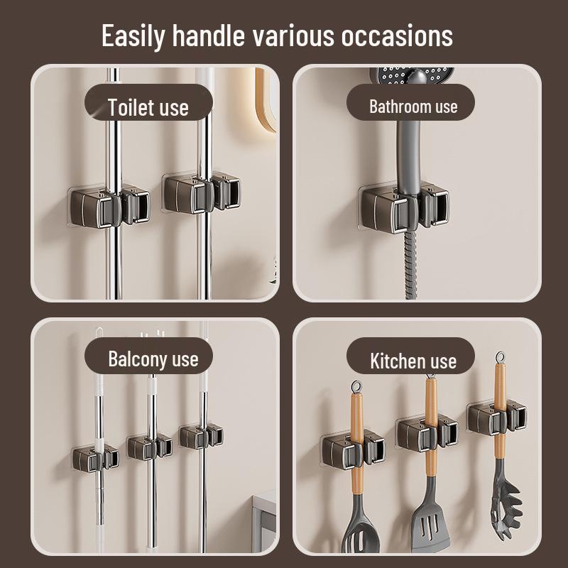 Mop & Broom Wall Holder: Punch-Free, Strong Grip Hook for Bathroom