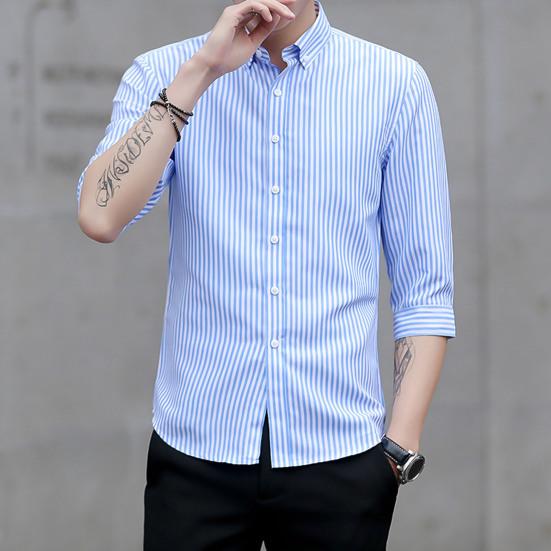Yaka 3/4 Kol Tek Düğmeli Erkek Gömleği Slim Fit Çizgili Baskılı Günlük Gömlek Üst