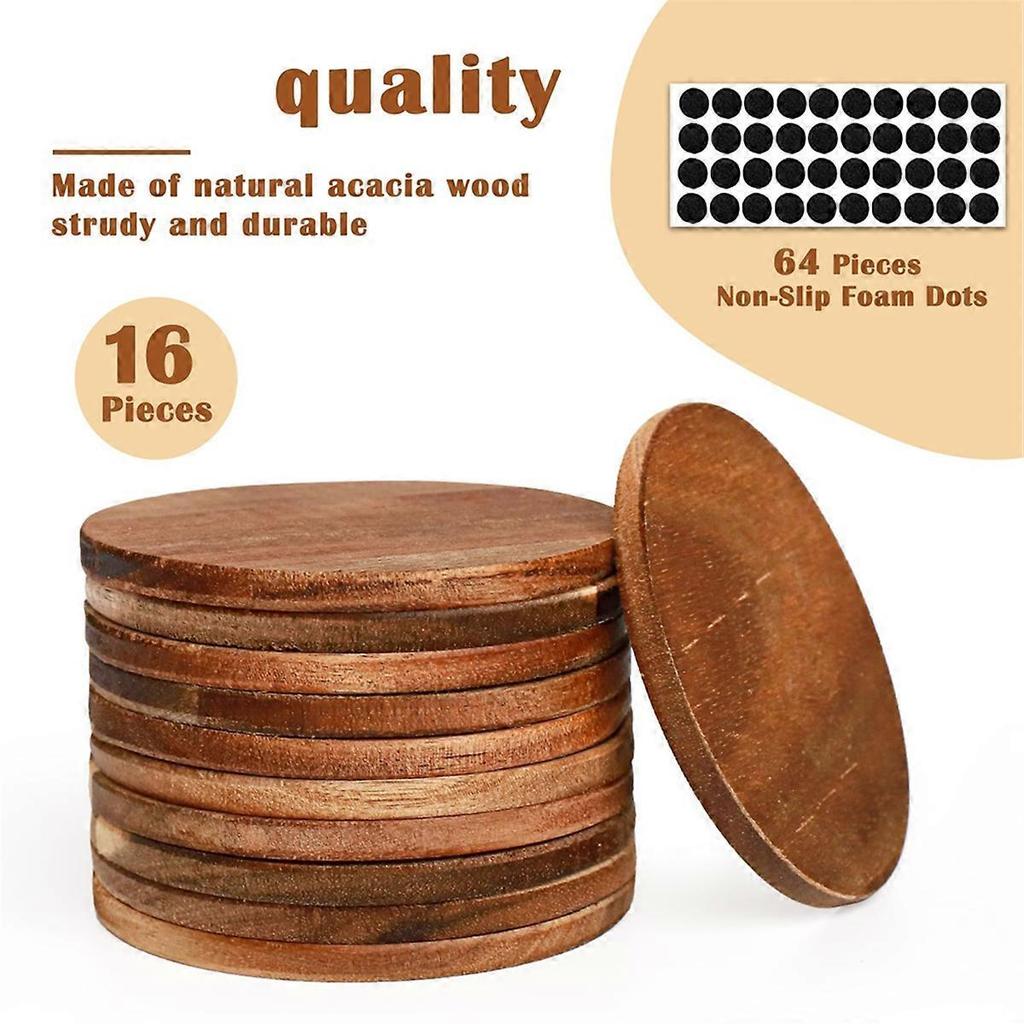 16 Pieces Unfinished Wood Coasters, 4 Inch Round Wooden Coasters for Crafts with Non-Slip Silicon Do
