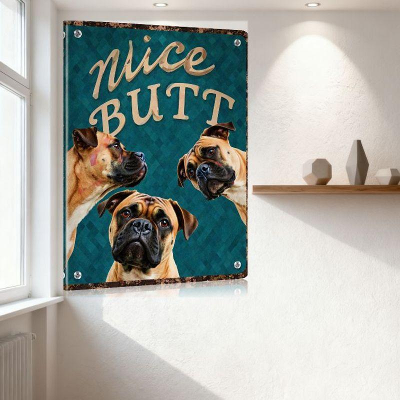 Nice BUTT Teal Diamond Pattern Metal Sign with Boxer Dog Photos Vintage Rustic Metal Poster for Home Bar Cafe Wall Decor