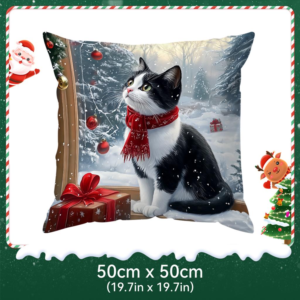 Christmas Themed Cat Pillowcase Bedroom Sofa Cushion Cover 100% Polyester Living Room Cushion Pillowcase Home Decor