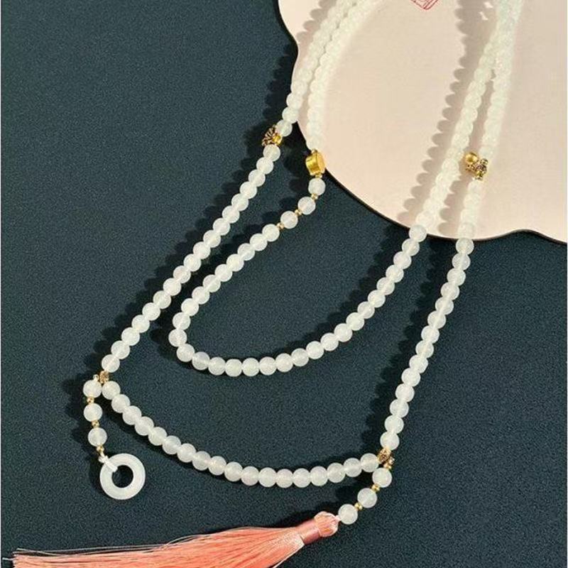 New Chinese Long Green Beaded Necklace Women'S National Style Messenger Chain Retro Temperament A Multi-Wear Sweater Chain Accessories
