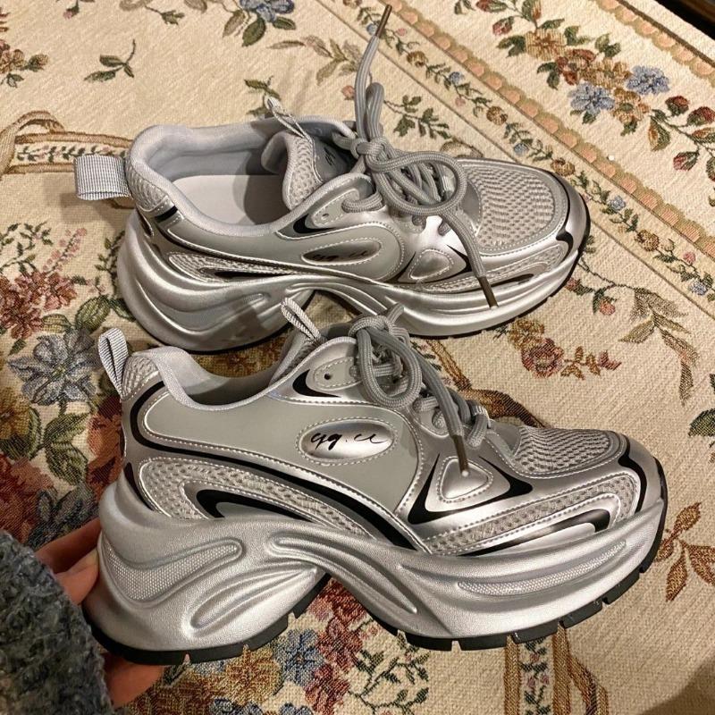 White Deer Silver Dad Shoes Women's Autumn Mesh Breathable Versatile Thick Soles Increase the Tide of Casual Sports Shoes