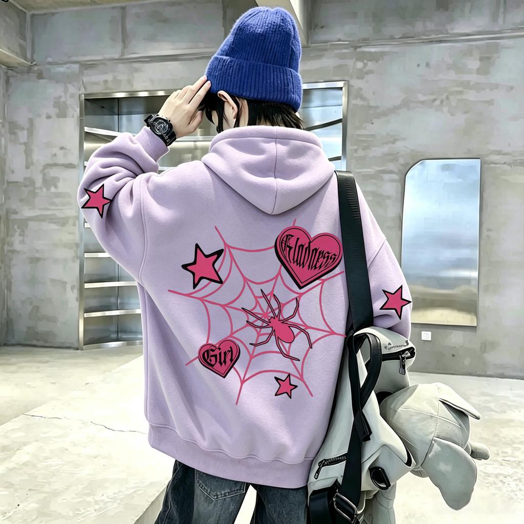 Felpa con cappuccio per bambini e bambine, stile Y2K Millennium, con motivo a ragnatela rosa, cuore e stelle