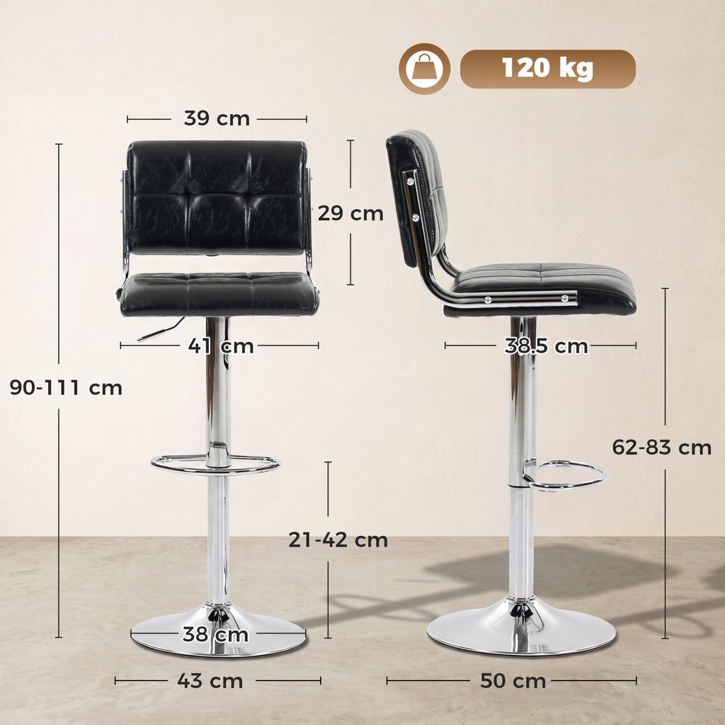 Bar Stools Modern PU Leather Adjustable Breakfast Bar Stools Backrest Set of 2 Black