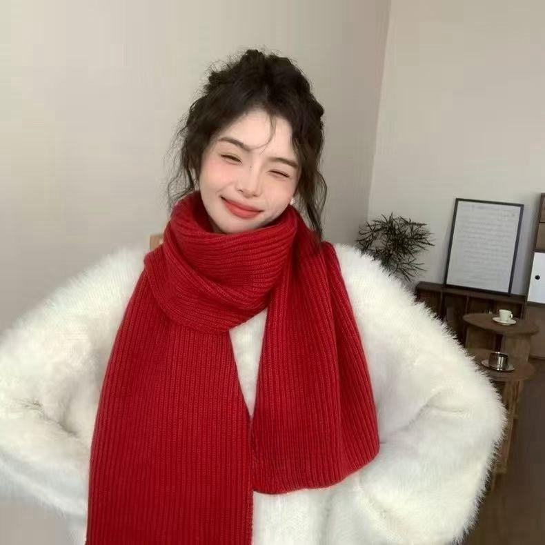 Thickened Scarf Female Korean Version White Solid Color Knitted Scarf Autumn and Winter Student Wool Warm Scarf Atmosphere