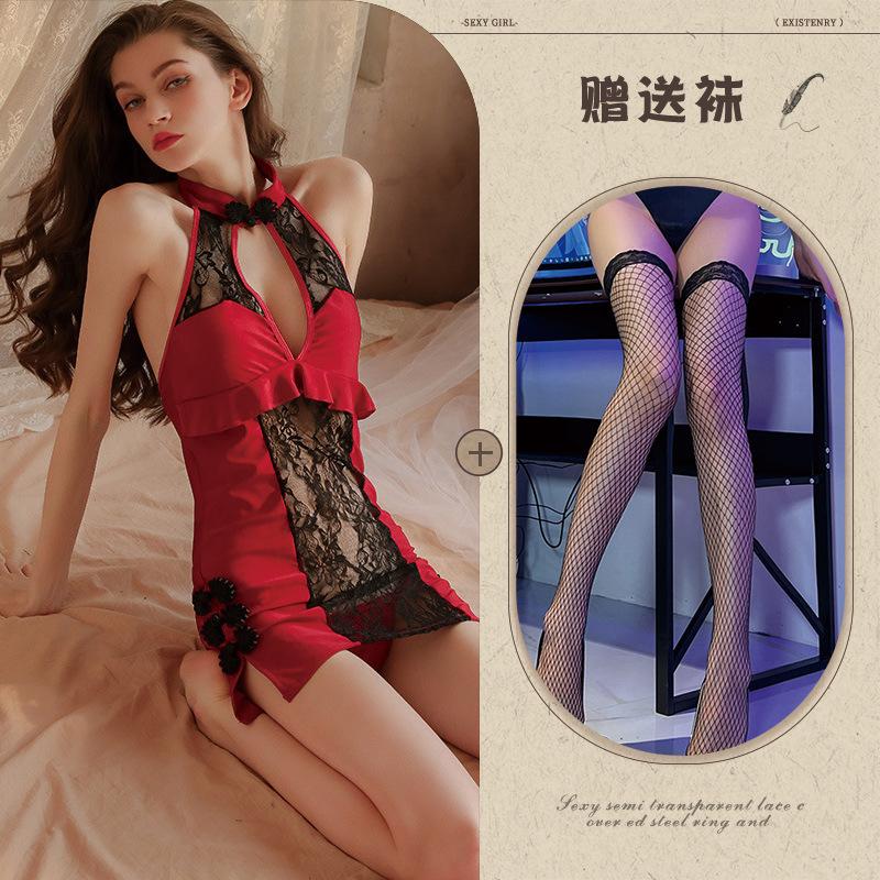 Sex Underwear Sexy Lace Hollow Side Split Cheongsam Uniform Seduction Perspective Suit Passion Clothes