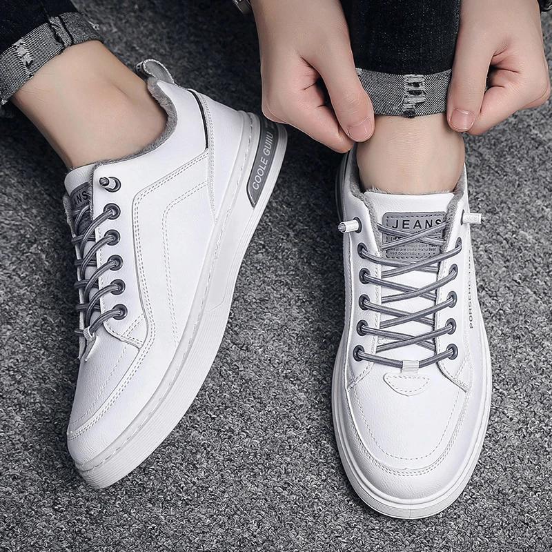Fashion New Men's Casual Shoes Sports Leather Shoe For Men Plus Velvet Thickening Trendy All-match White Sneakers Breathable Comfortable