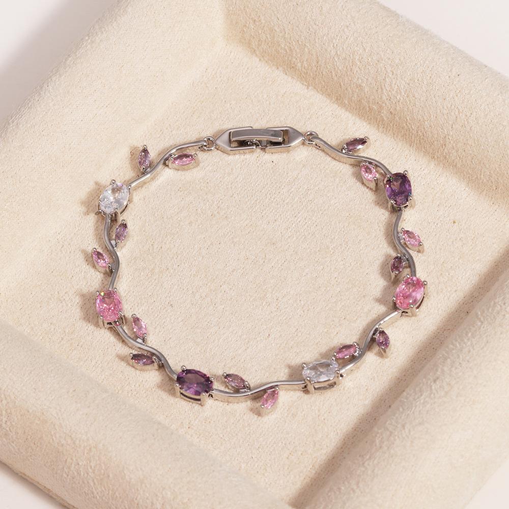 Braccialetto Rosa con Zirconia Cubica e Fiori di Vite, Braccialetto Metallico Dolce e Romantico per Donne Gioielli Regali per Matrimoni e Feste