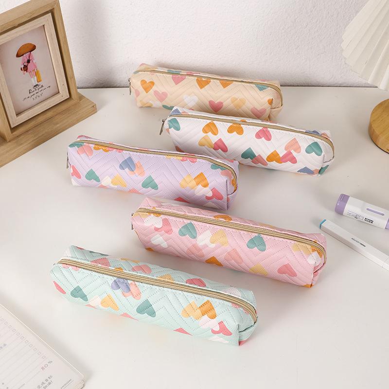 Cartoon Heart Pencil Case - Cute PU Zipper Pouch for Students and Kids