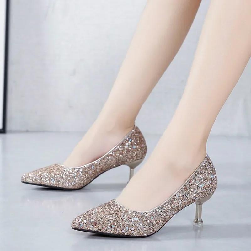 Women High Heels Sandals Trend Slip On Comfortable Wedding Low Heels Lady Party Shoes Glitter Evening Sandals Zapatos De Mujer