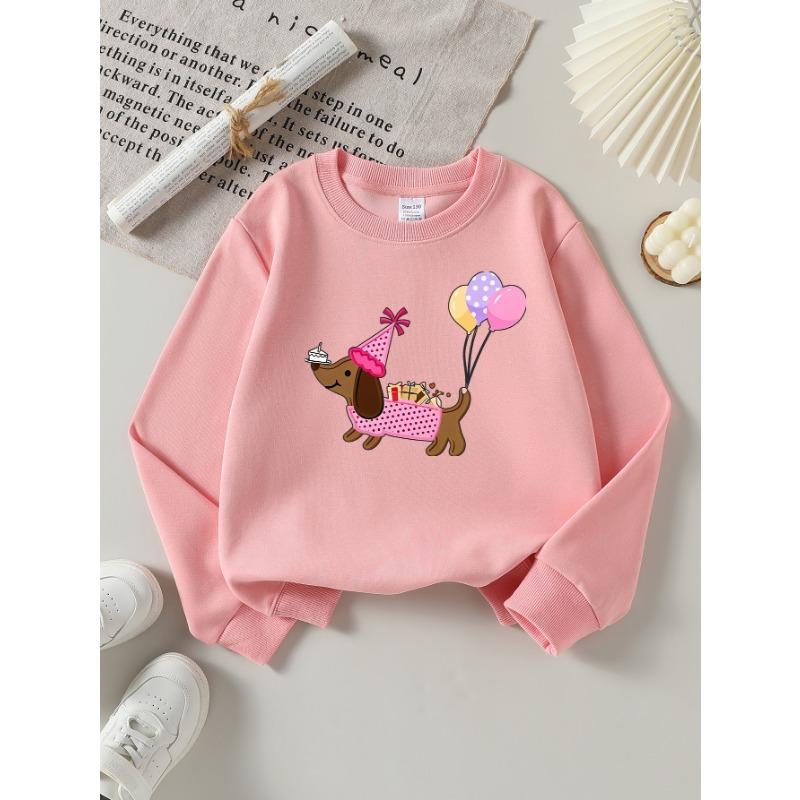 European Sizes Girls' Long-Sleeve Round Neck Sweatshirt "Birthday Dog" Print, Spring/Autumn, Casual, Daily & Sports.