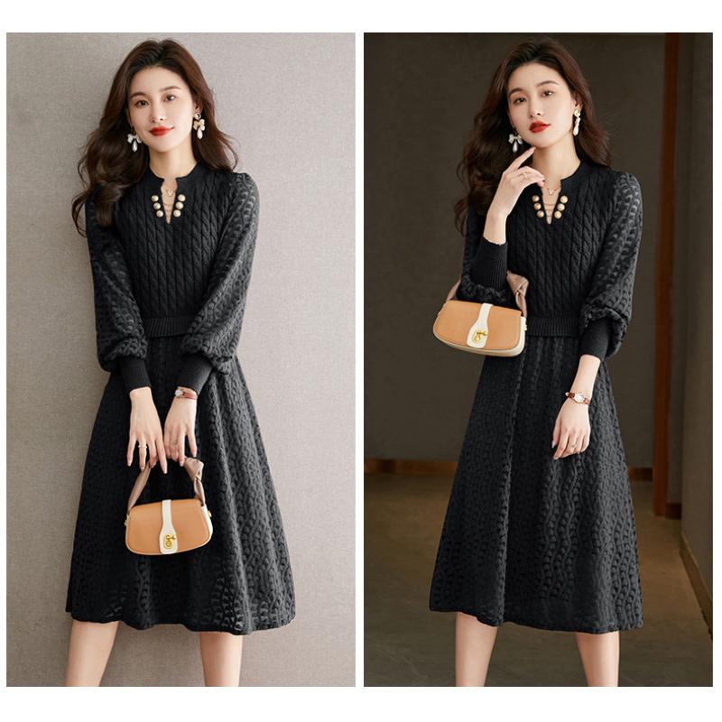 GMXIA Women's Knitted Dresses Autumn and Winter New Fashion Lantern Sleeve Long Sweater Dresses