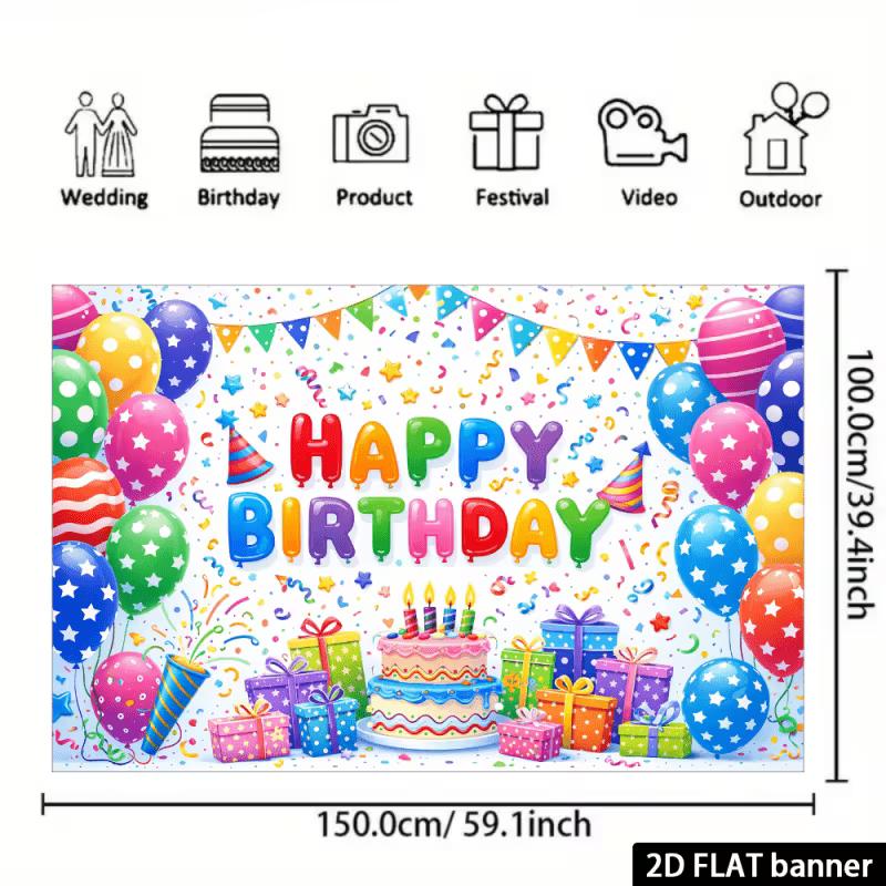 2D Bright Multicolor Happy Birthday Background Cloth for Party