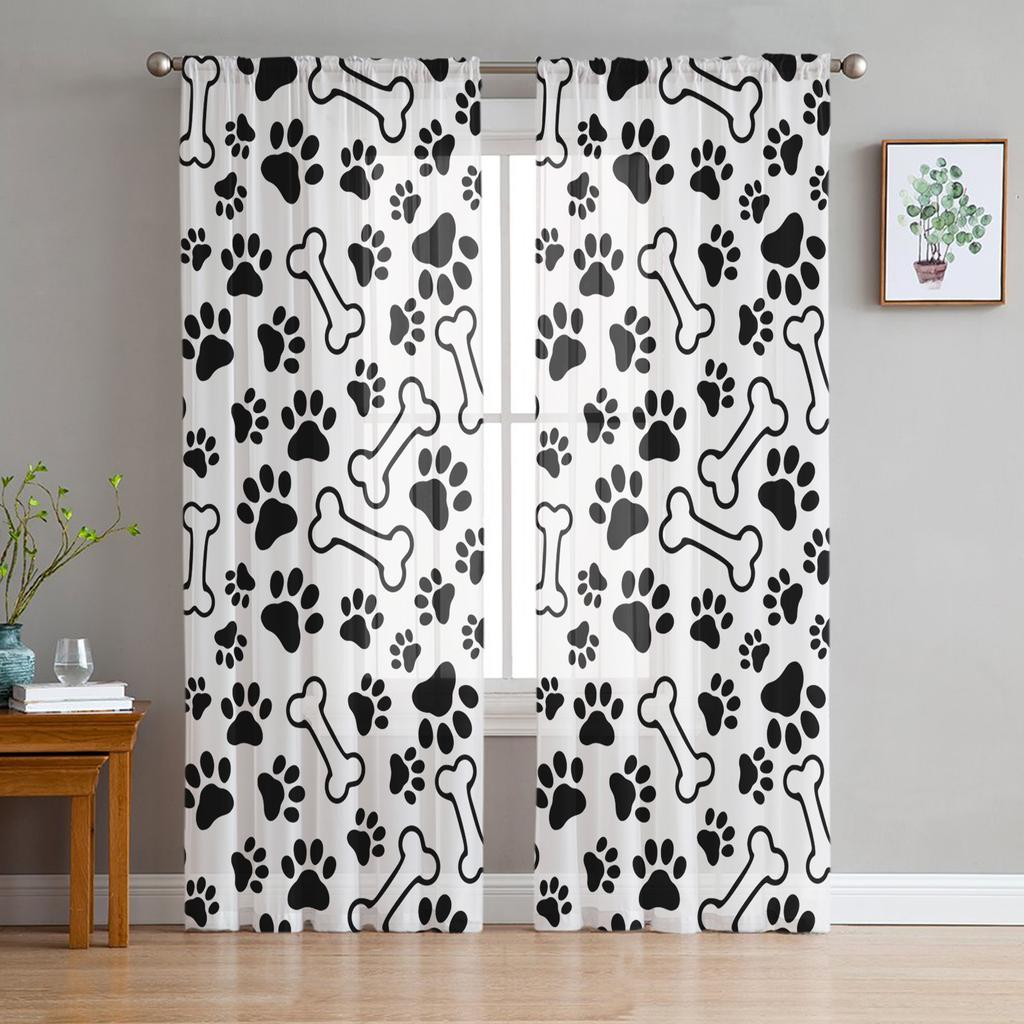 Cartoon Dog Footprints Bones Animals Sheer Curtains for Living Room Modern Voile Curtain Bedroom Tulle Curtains Window Drapes