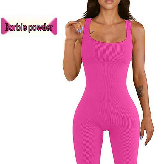 Seamless Ribbed Yoga Bodysuit with Removable Pads and Tight Shorts