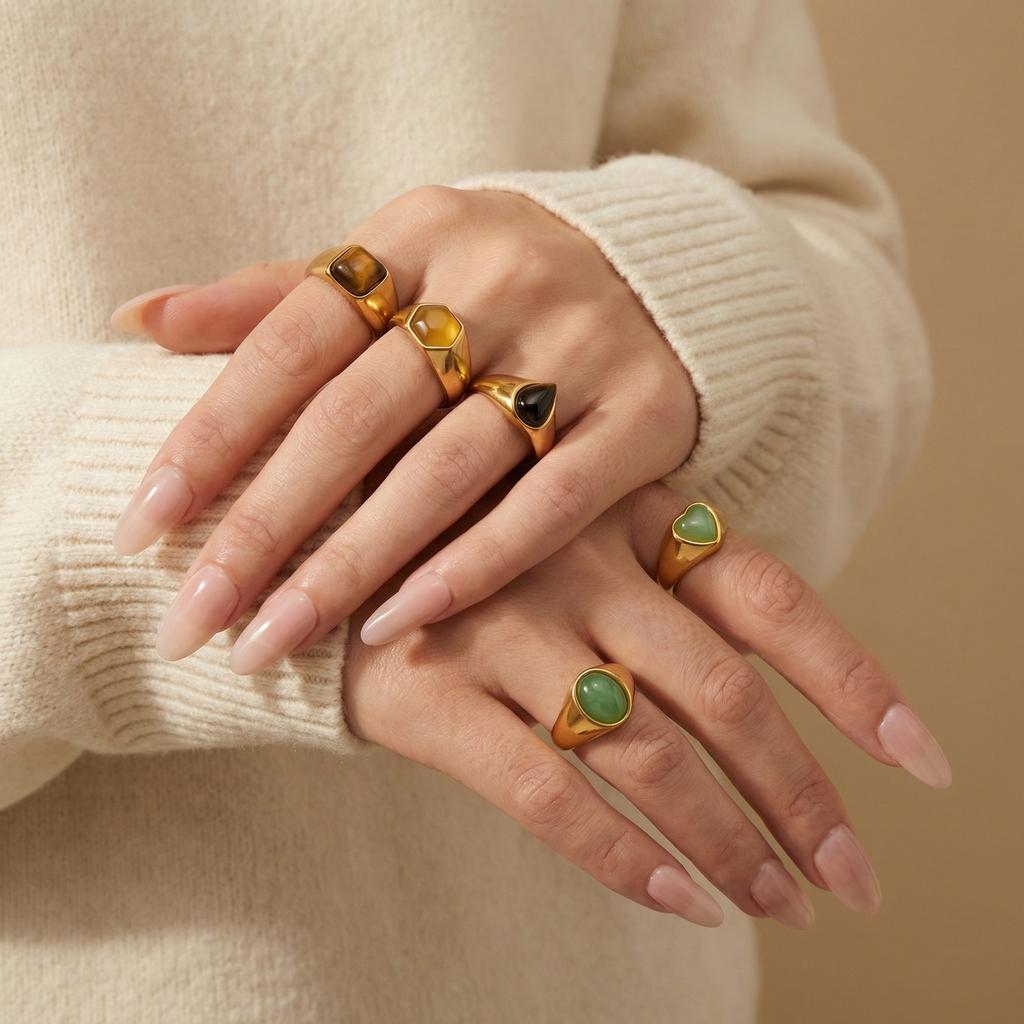 Vnox Romantic Gold Color Heart Water Drop Shaped Natural Stone Ring, Stainless Steel Geometric Natural Tiger Eyes Rings Jewelry
