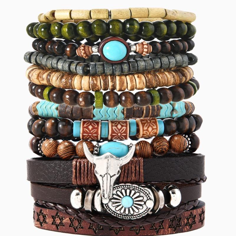 New 12-piece turquoise wood beads beaded alloy accessories elastic line men's bracelet