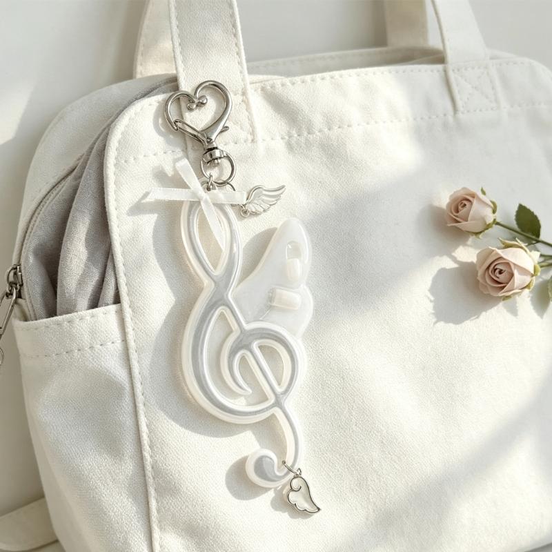 Treble Clef Keychain Charm with Heart-Shaped Lobster Clasp and Split Ring, White Y2K-Inspired Accessory with Small Wing Detail for Keys and Bags