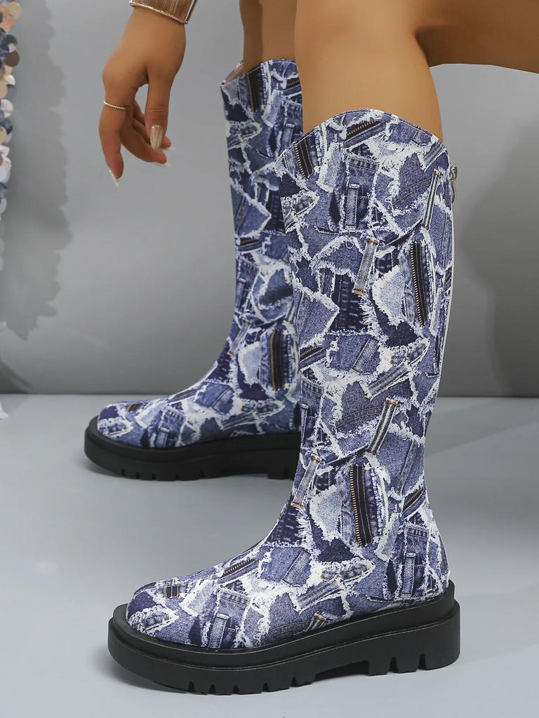 Vintage Floral Pattern Platform Long Boots  Women Fashion Show Style Slip-on Female Mid-Calf Boots Casual Large Size 43 Booties