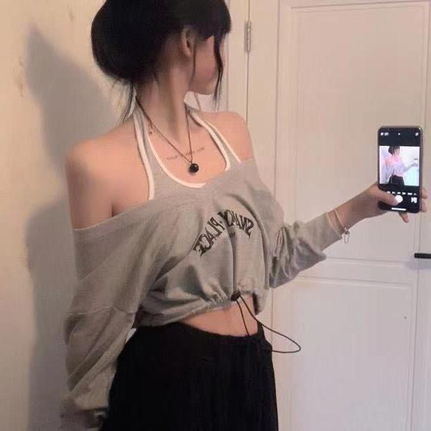 Korean Spring One-Shoulder Two-Piece: Long Sleeve Sweater & Navel-Length Halter Top