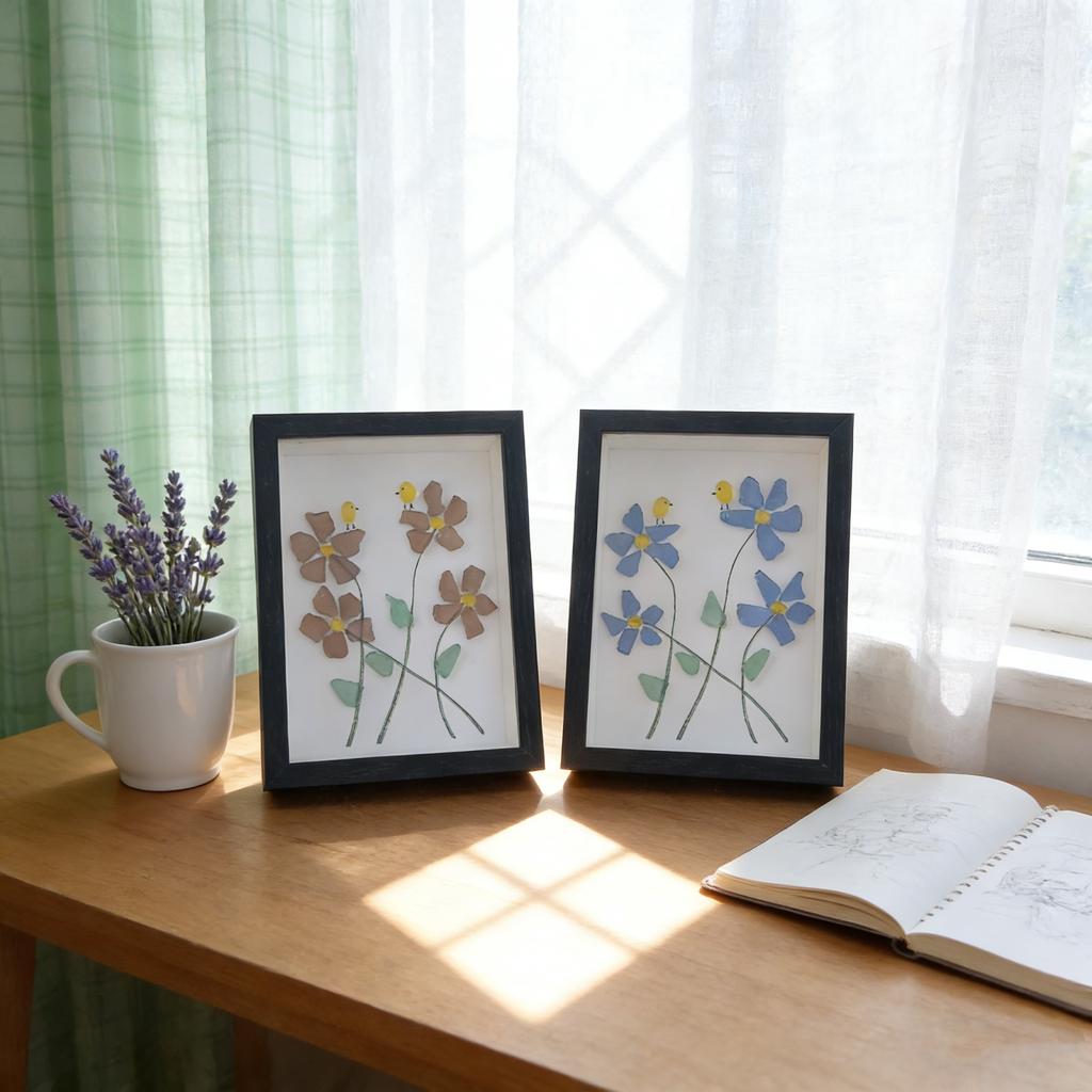 Sea Glass Flower And Bird Photo Frame, Home Desktop Decoration, Sea Glass Art Photo Frame Painting