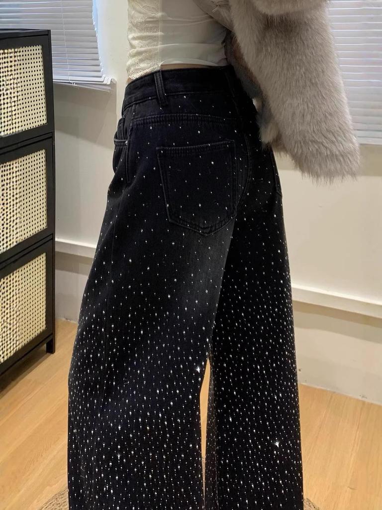 Women's and Girls' Retro Distressed Rhinestone Wide-Leg Jeans, Spicy Girl Fashion
