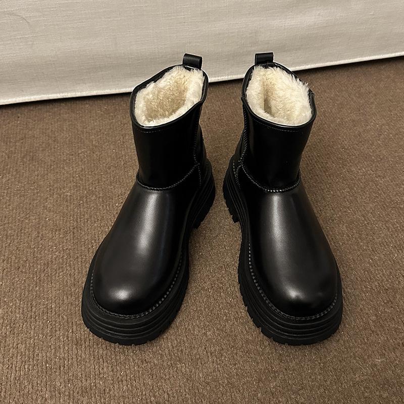 White Platform Snow Boots Women's 2025 Winter New Fleece Thickened Fur Integrated Waterproof Short Boots Cotton Shoes
