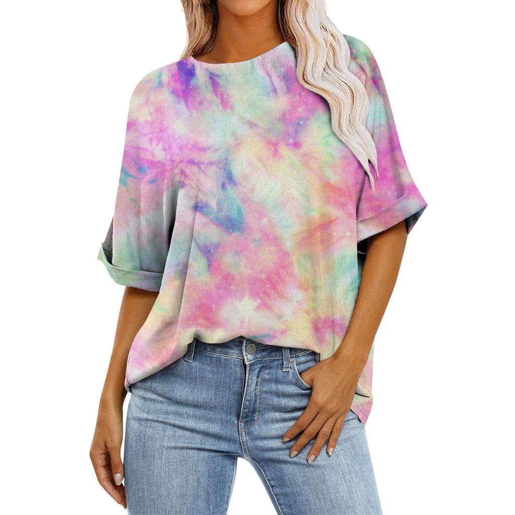 Stripete graduerte trykk rund hals kortermet for kvinner Sommer Uformell Løs mote Pullover T-skjorte Arbeidsferie Pustende Lett Compy Topp