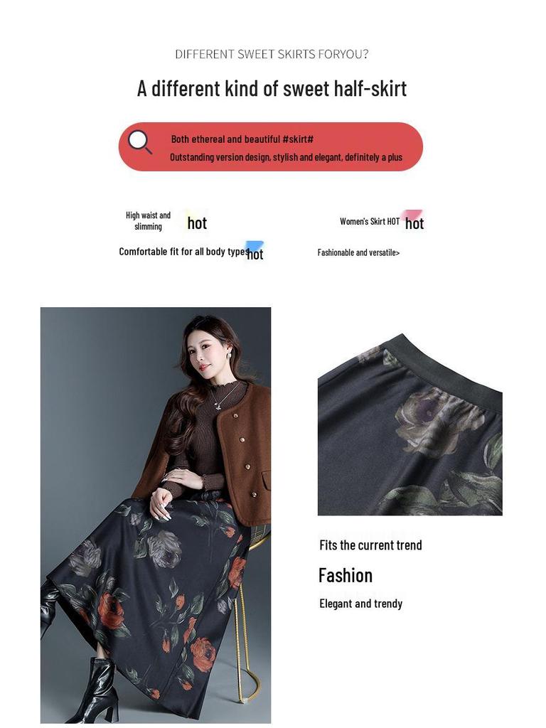 Drapey Slim-Fit High-Waisted A-Line Skirt - Winter 2025 Fashion Midi with Printed Hem