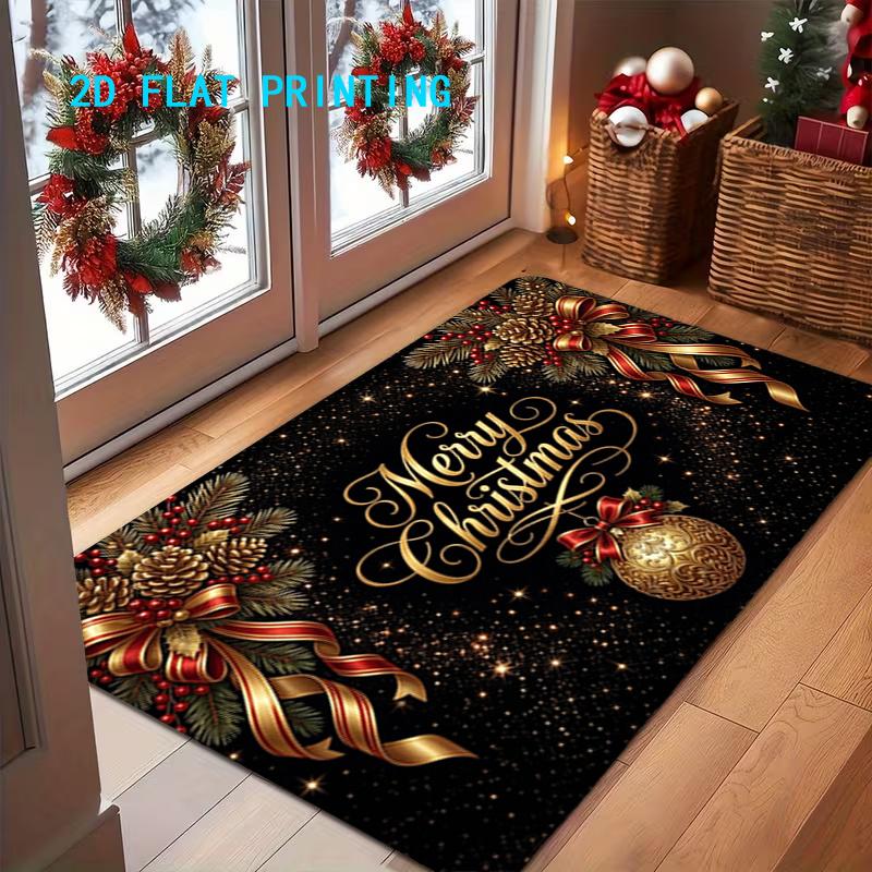 1pc, 2D Flat Printing, Christmas-Themed "Merry Christmas" Entrance Doormat, Non-Slip Machine-Washable Easy-to-Clean Polyester Mat, Suitable for Home a
