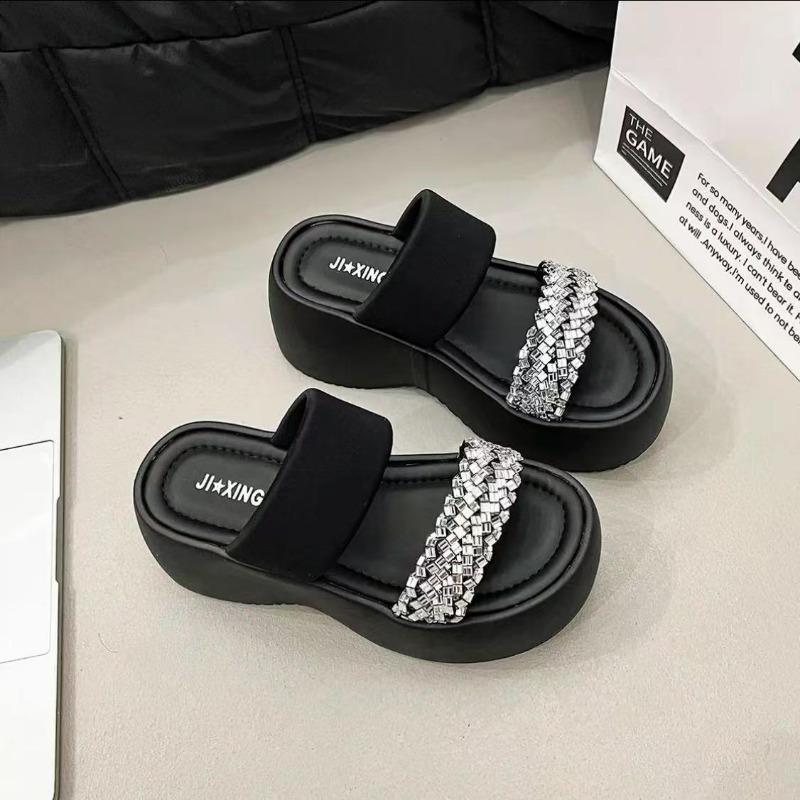 Thick-bottomed Slope Heel Rhinestone Outer Slippers Women's Summer New Versatile Square Head Open-toed Sandals