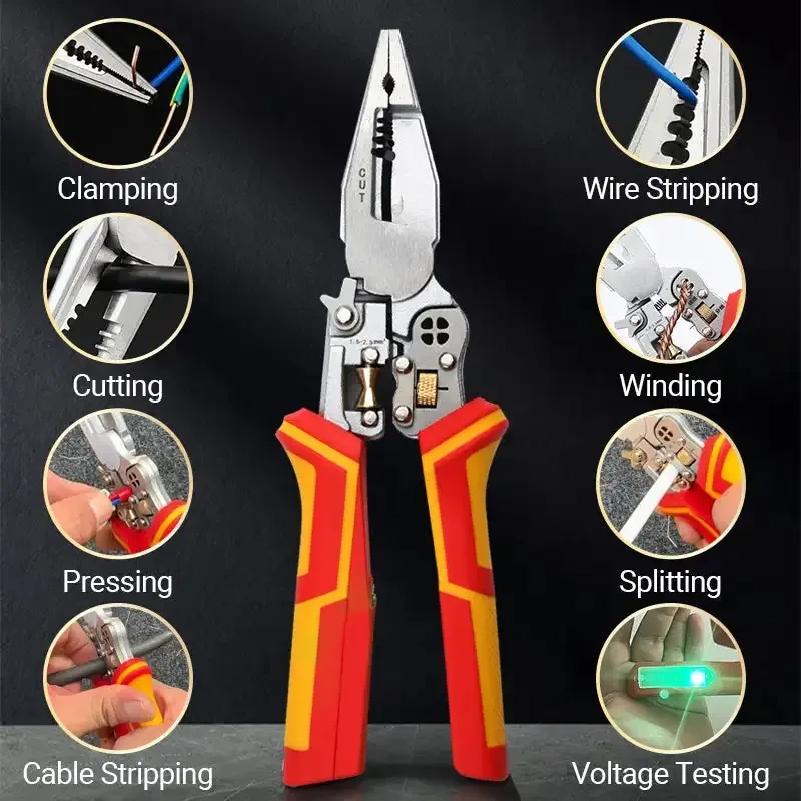 9-in-1 Multi-function Wire Stripper Electricians Voltage Testing Cable Cutting Scissors Crimping Pliers